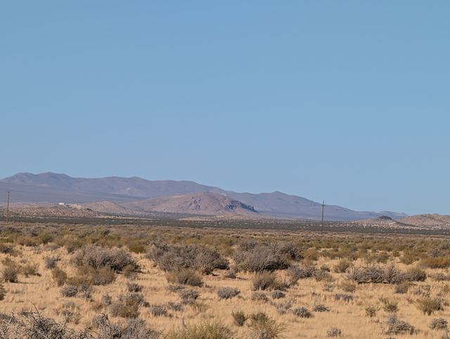 Desert scrub in the foreground with a long brown mountain range on the horizon.